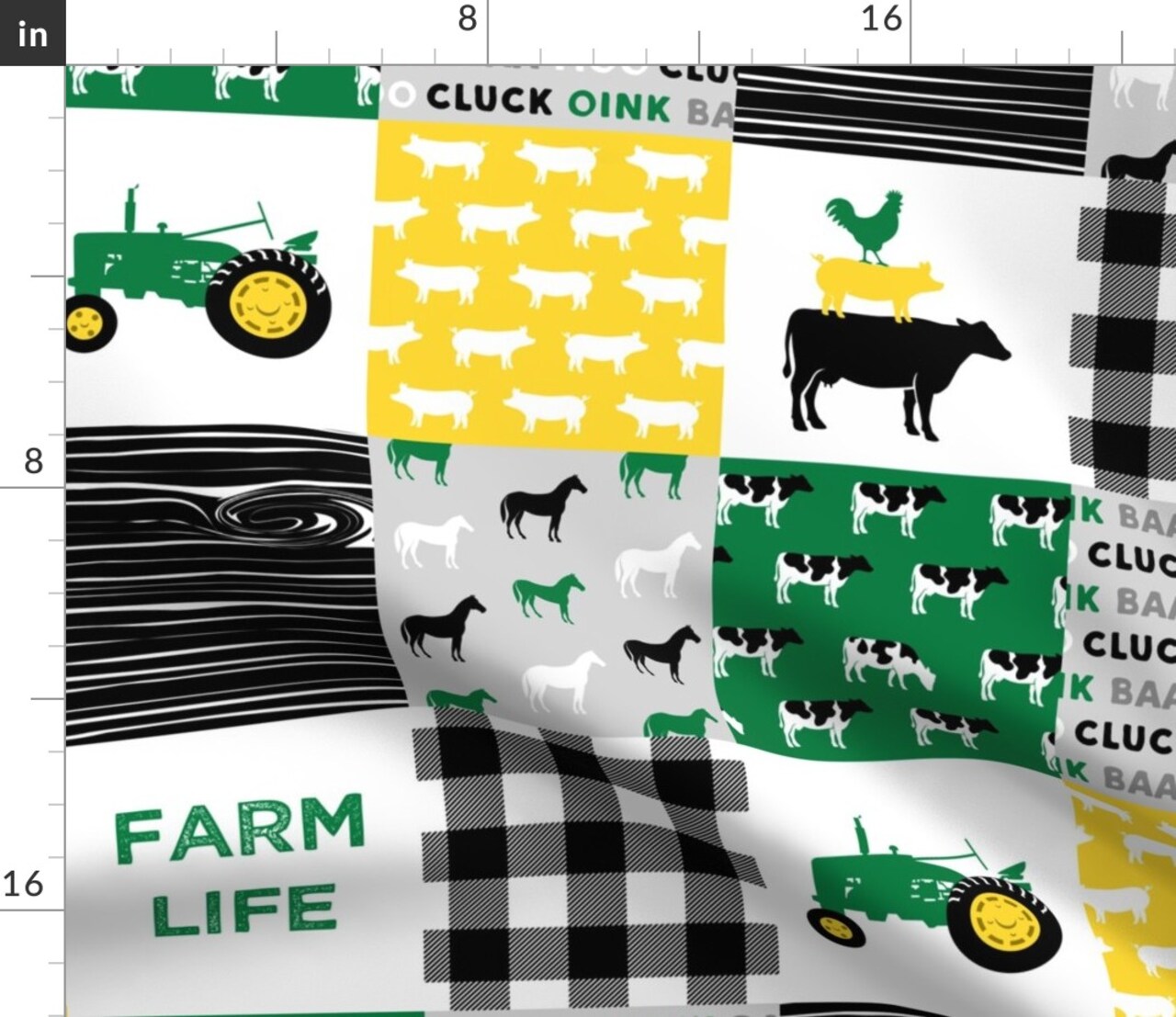 Farm Life Wholecloth Green Yellow Black Woodgrain Patchwork Horse Plaid Quilt Themed Cows Horses Custom Printed Fabric by Spoonflower Various Fabrics by the Yard or Fat Quarter